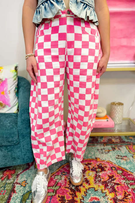 Rosa rutete trykk denim fatbukser