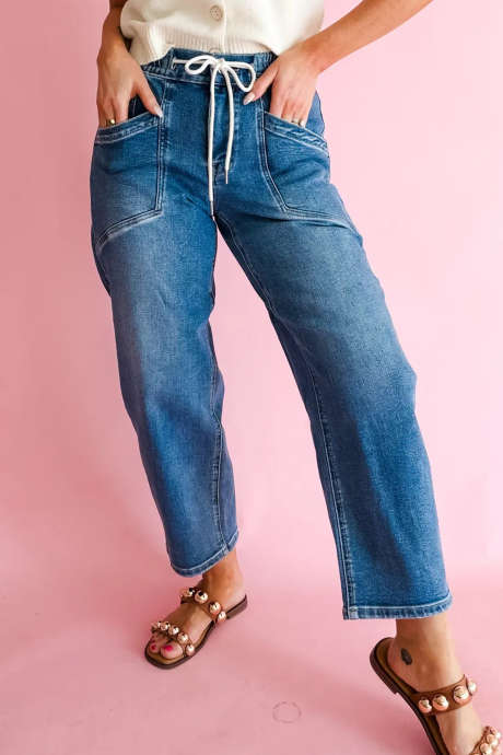 Ashleigh Blå Unike Lommer Snøring Tønne Jeans