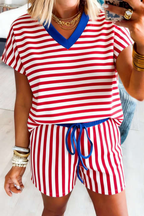 Rød stripete fargeblokkkant V-hals T-skjorte med snøring og elastisk midje Shorts-sett