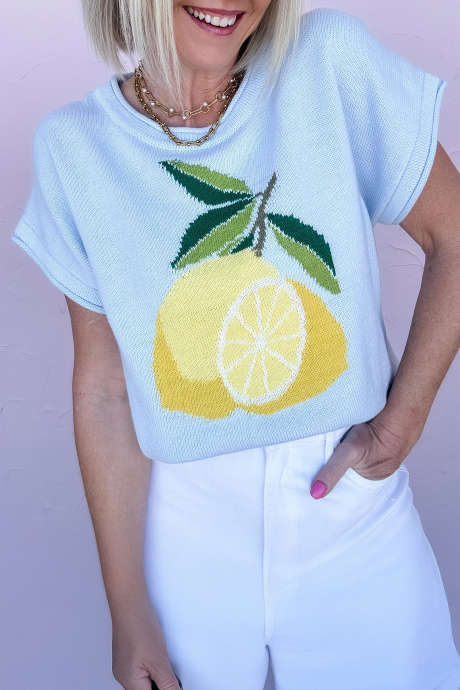 Beau Blue Fresh Sitron Print Rullekant Kortermet Genser
