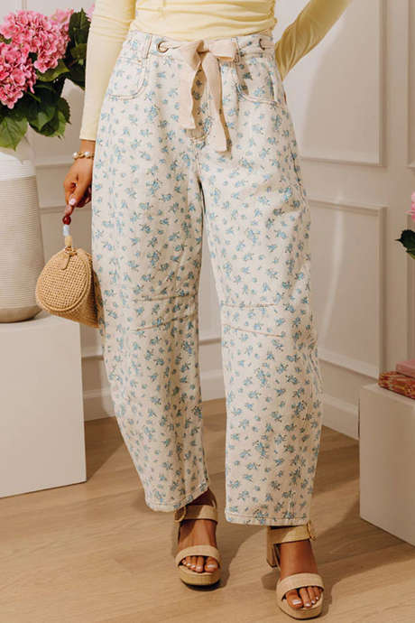 Beige Grommet Knutemidje Blomster Tønneben Jeans