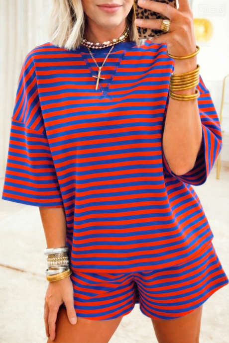 Temno modra črtasta majica s spuščenimi rameni - komplet ohlapnih 2 kosov kratkih majic