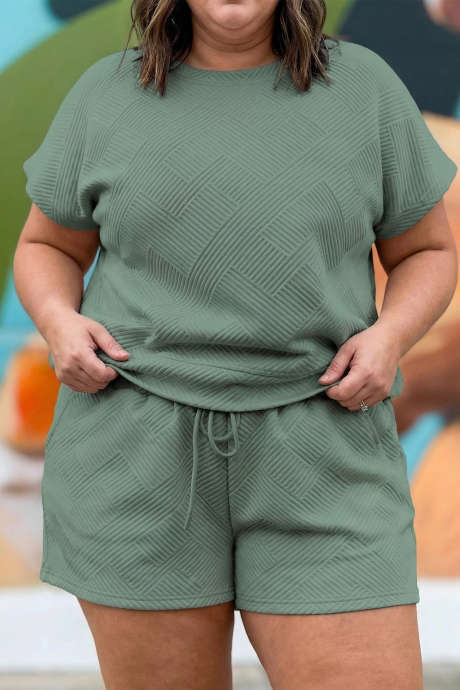 Mineralblått pluss-størrelse teksturert kortermet topp med snøring i shorts