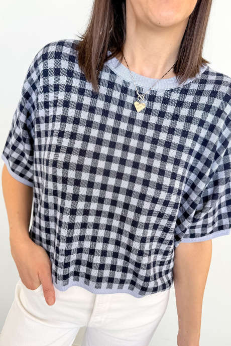 Mørkeblå gingham pustende strikket løs kortermet genser