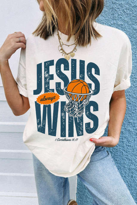 Bela majica z retro košarkarskim potiskom JESUS ​​WINS