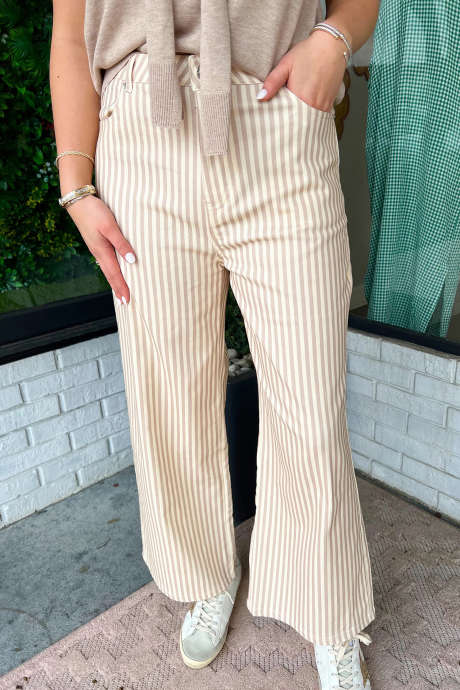Beige Stripe Wide Leg Full Length Pants