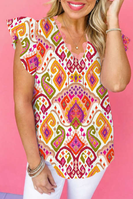 Večbarvna boemska bluza z geometrijskim potiskom in V-izrezom