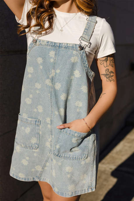 Sky Blue Retro Wash Denim Floral Print Overall Mini Dress