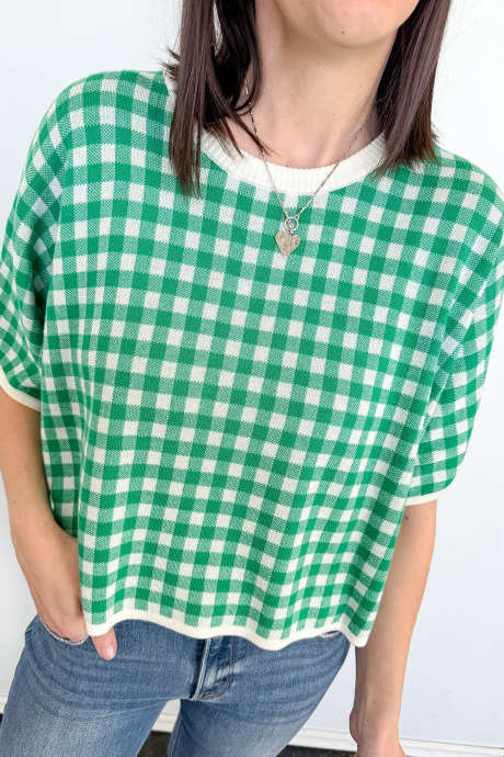 Grønn gingham pustende strikket løs kortermet genser