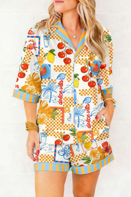 Multicolour Tropical Fruit Print Button Front Two Piece Set
