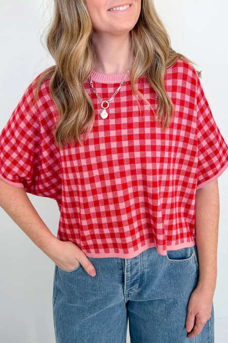 Rød Gingham-genser med løs, pustende strikk og korte ermer
