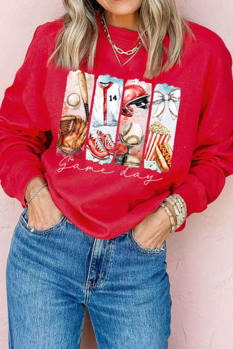 Rdeča pulover s potiskom retro bejzbolskega motiva z motivom Game Day