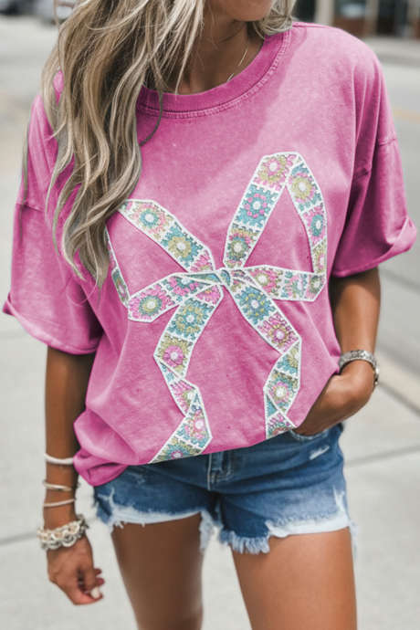 Majica z mineralnim pranjem in cvetličnim kvačkanjem Bonbon