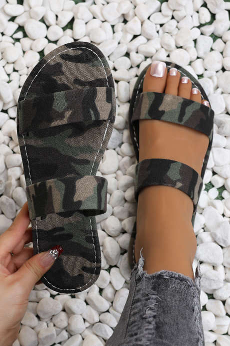 Ploski copati z dvojnim pasom in retro kamuflažnim potiskom štiriperesne deteljice BH024326-P2909