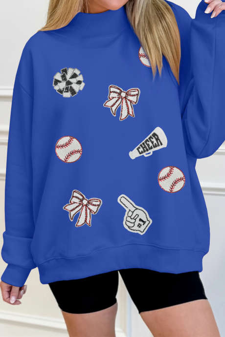 Dark Blue Sequin Baseball Game Day Elements Mock Neck Sweatshirt LC25321500-P5
