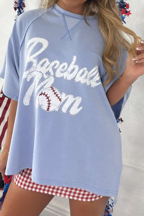 Sky Blue Baseball Mom Rhinestone Embellished Game Day Oversize Tee