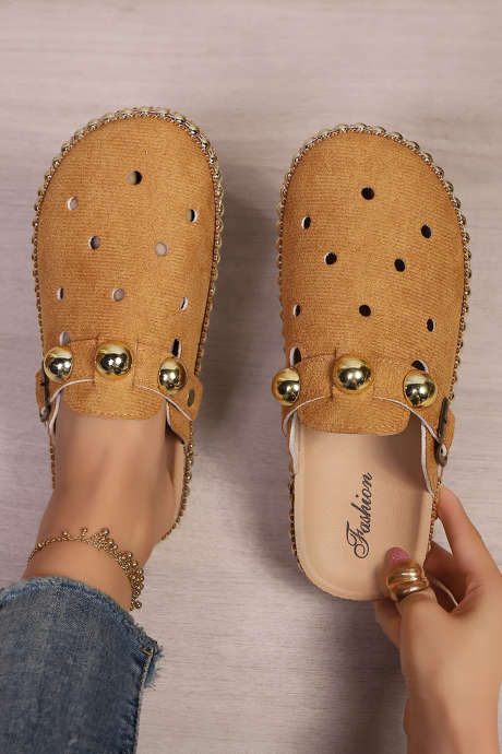 Thai Curry Studded Eyelet Hollowed Faux Suede Clog Slippers BH024328-P1717