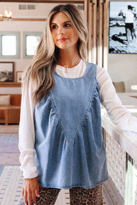 Haut sans manches en denim plissé patchwork Myosotis LC7821561-P1204