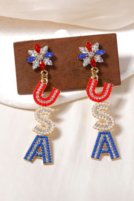 Dolgi viseči uhani z zlatim nosorogovim kamnom, ameriškimi patriotskimi motivi