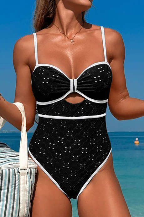 Black Eyelet Textured Contrast Trim Spaghetti Straps Teddy Swimsuit