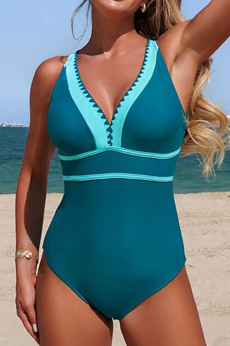 Skobeloff Color Block Trim V Neck Crossed Straps One Piece Swimsuit