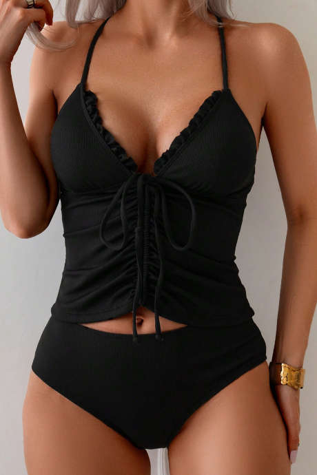 Črne tankini kopalke z naborki iz špagetov, nabranimi vrvicami in V-izrezom, 2 kosa