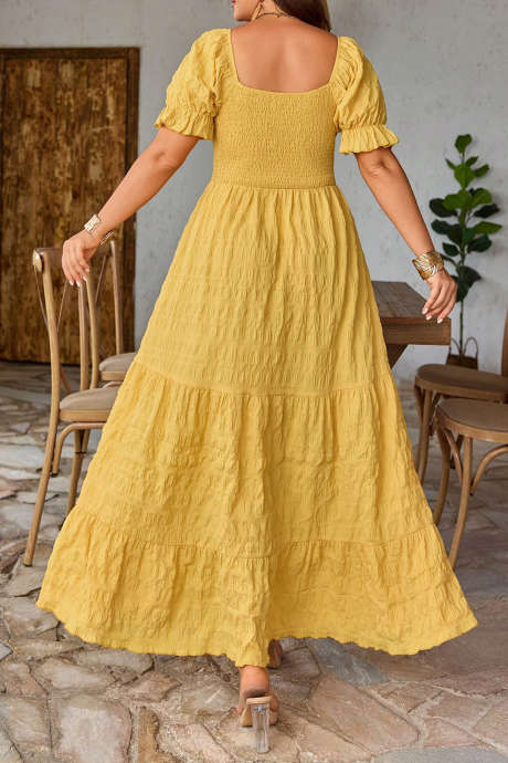 Rumena kremna obleka EMERY ROSE Plus Size za ženske, tkana, običajna pomlad/poletje, s kvadratnim izrezom in kratkimi rokavi, z ozkim pasom, rumena