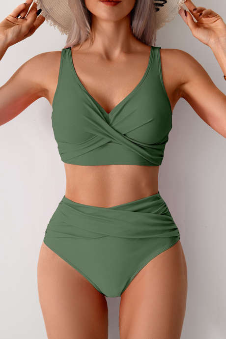 Mist Green Solid Color 2pcs Cross Twisted High Waist Bikini Swimsuit LC434995-P509