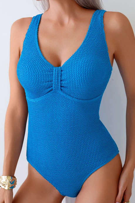 Blue Twisted Ribbed V Neck Sleeveless Teddy Swimsuit