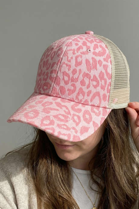 Rosa leopardprint hestehale netting patchwork truckerhatt