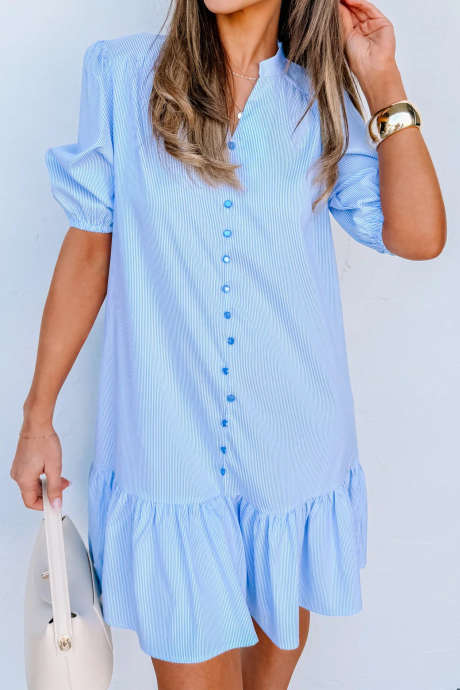 Sky Blue Stripe Frannie Button Front Mini Dress-Pink