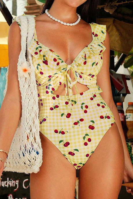 Rumen karo češnjev potisk z nabranimi robovi, vezanjem spredaj z izrezom in visokim pasom