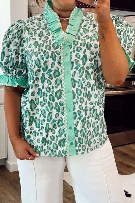 Green entro-pink-short-puff-sleeve-printed-top