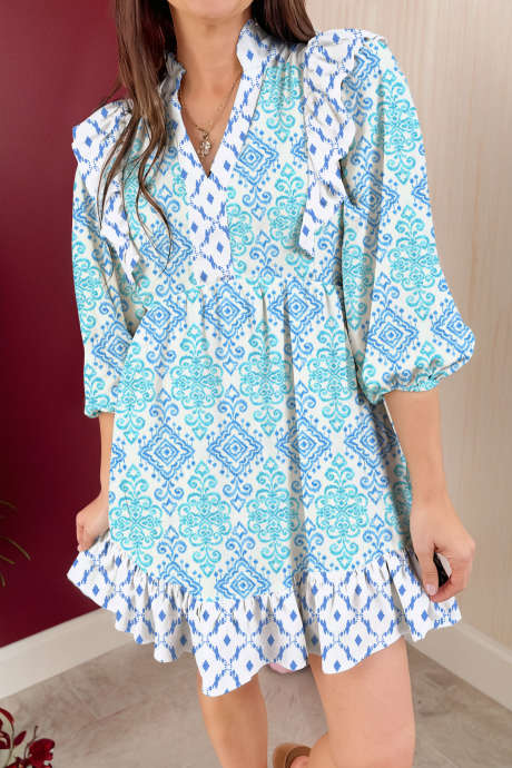 Nebesno modra boho cvetlična geometrijska obleka z nabranimi rokavi