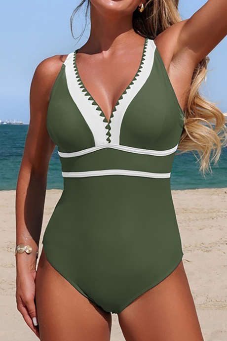 Traje de baño de una pieza con escote en V, tirantes cruzados y ribete de bloques de color con estampado de trébol de cuatro hojas LC445058-P2909