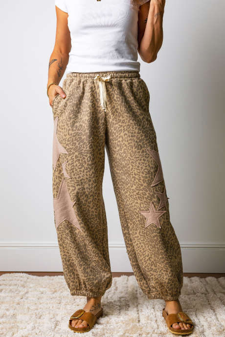 Khaki Leopard Print Star Patched Drawstring Elastic Waist Jogger Pants