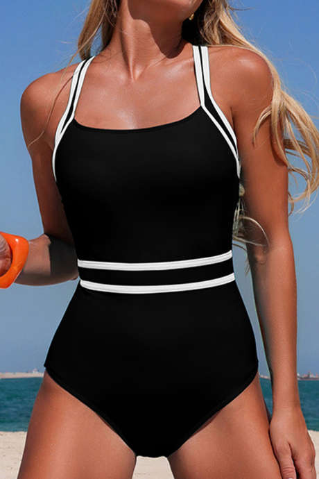 Black Contrast Piping Trim Adjustable Straps Athletic One Piece Swimsuit LC445057-P2