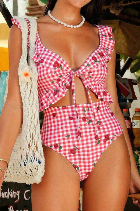 Pink Plaid Cherry Print Ruffle Trim Tie Front Cutout High Waist Monokini