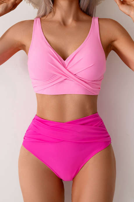 Roserød fargeblokk 2 stk. kryssvridd bikini med høy midje