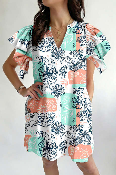 Večbarvna mini obleka z V-izrezom in nabranimi rokavi s cvetličnim potiskom