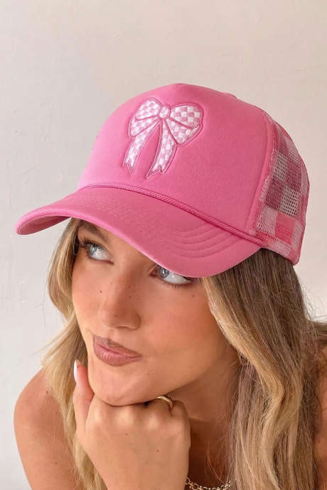 Lys rosa brodert sløyfe-rutete netting-truckerhatt