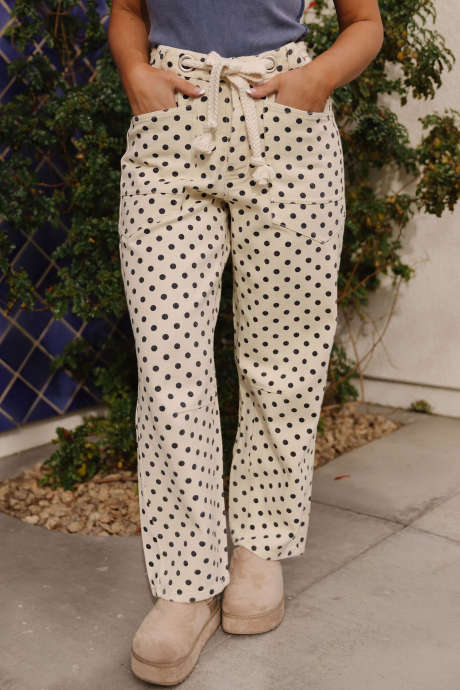 Beige THE CHARLENE POLKA DOT BARREL PANTS IN IVORY
