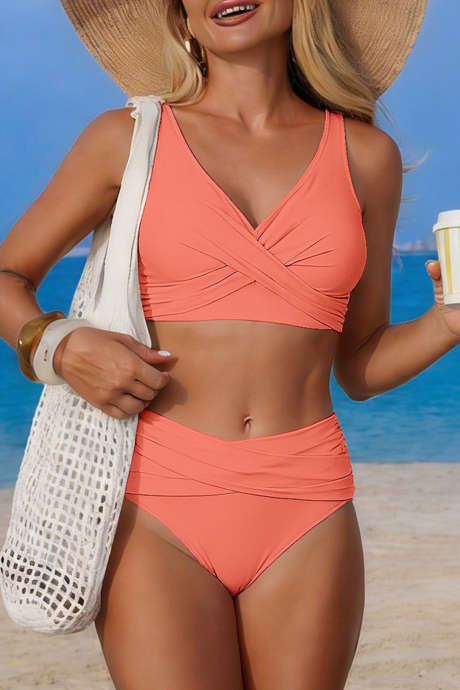 Blek kastanje ensfarget 2-delt kryssvridd bikini med høy midje