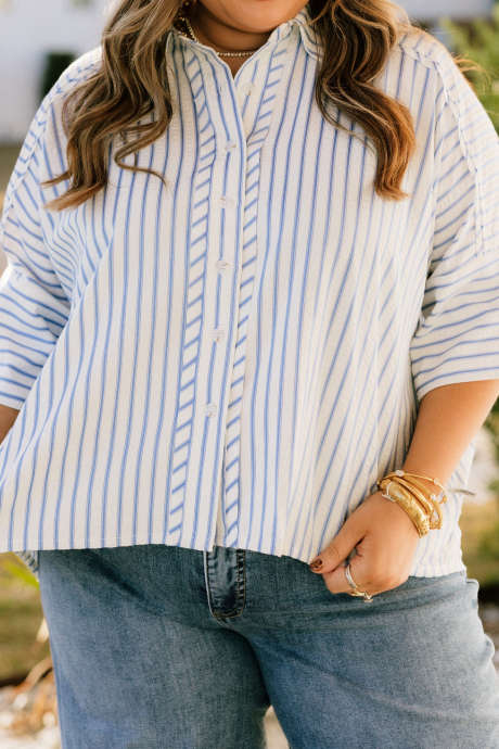 Sky Blue Stripe /entro-blue-striped-short-sleeve-buttonup-top