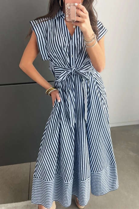 Modra črtasta obleka Valencia s črtami