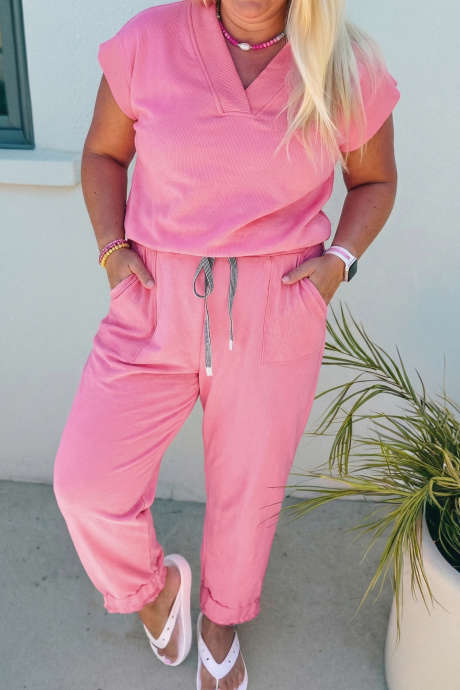 Bonbon Ensfarget V-hals T-skjorte og snøring i store størrelser med bukser