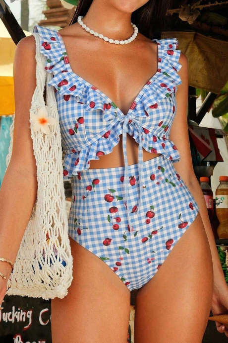 Sky Blue Plaid Cherry Print Ruffle Trim Tie Front Cutout High Waist Monokini
