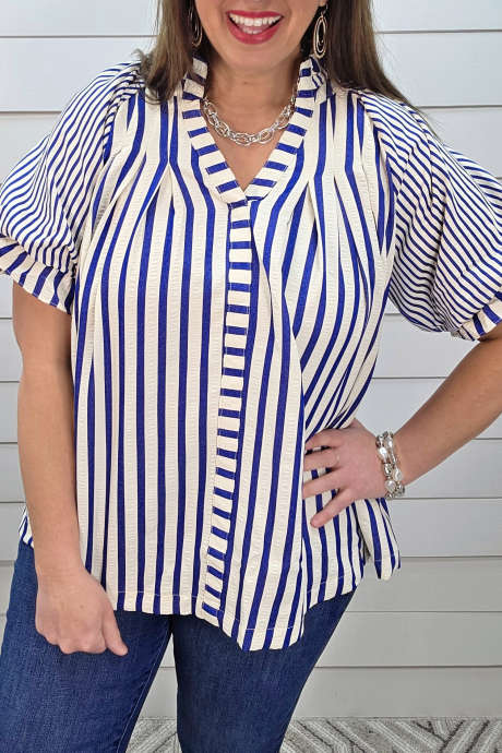 Blue Stripe blue-cream-striped-v-neck-oversized-woven-top