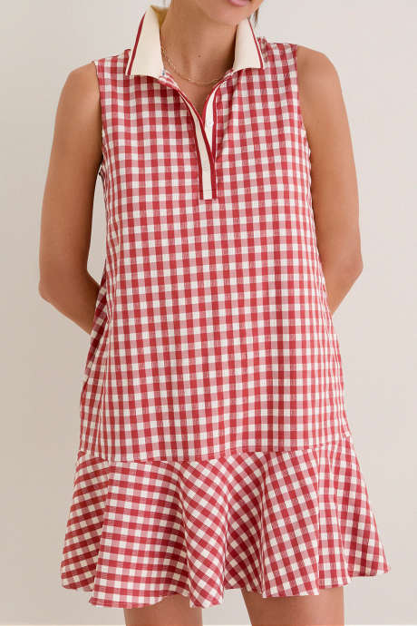 Red Tnuck Sport Clay Gingham Sleeveless Performance Seersucker May Golf Dress $148