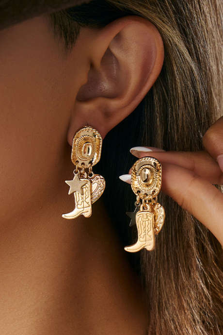 Zlati kavbojski škornji in klobuk iz zlitine, prevlečeni z rdečo nitjo